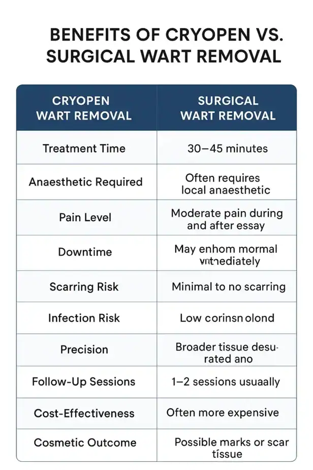 Table showing the benefits of cryopen to remove warts Romford compared to surgical treatment