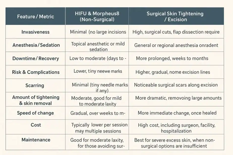 Table showing benefits of Lipo Freeze 2 U Romford treatments for skin tightening following weight loss injections.